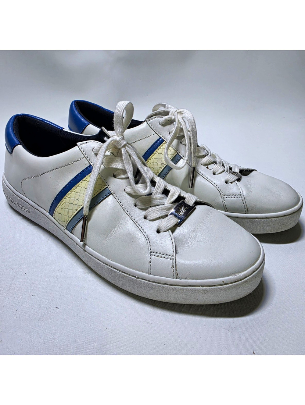 Michael Kors White Blue Leather Lace-Up Low Top Men's Sneakers Rubber Outsole